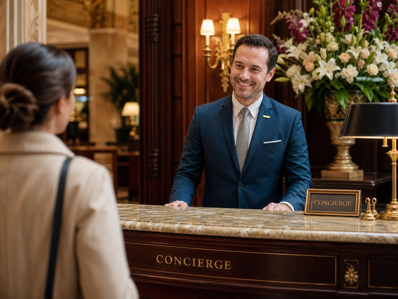 Professional concierge desk managing luxury travel requests