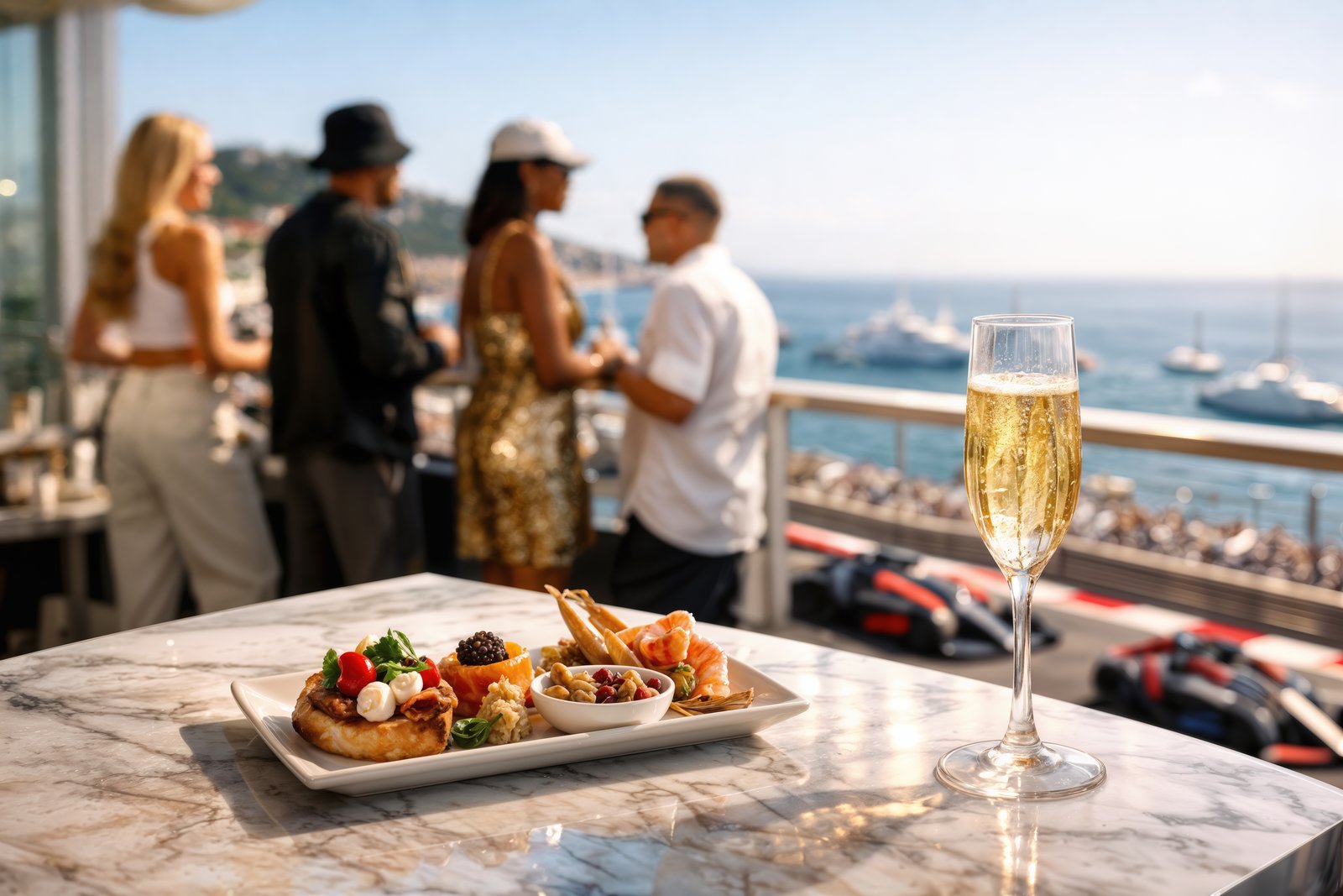 Champagne and canapés on a private terrace overlooking the Monaco Grand Prix circuit
