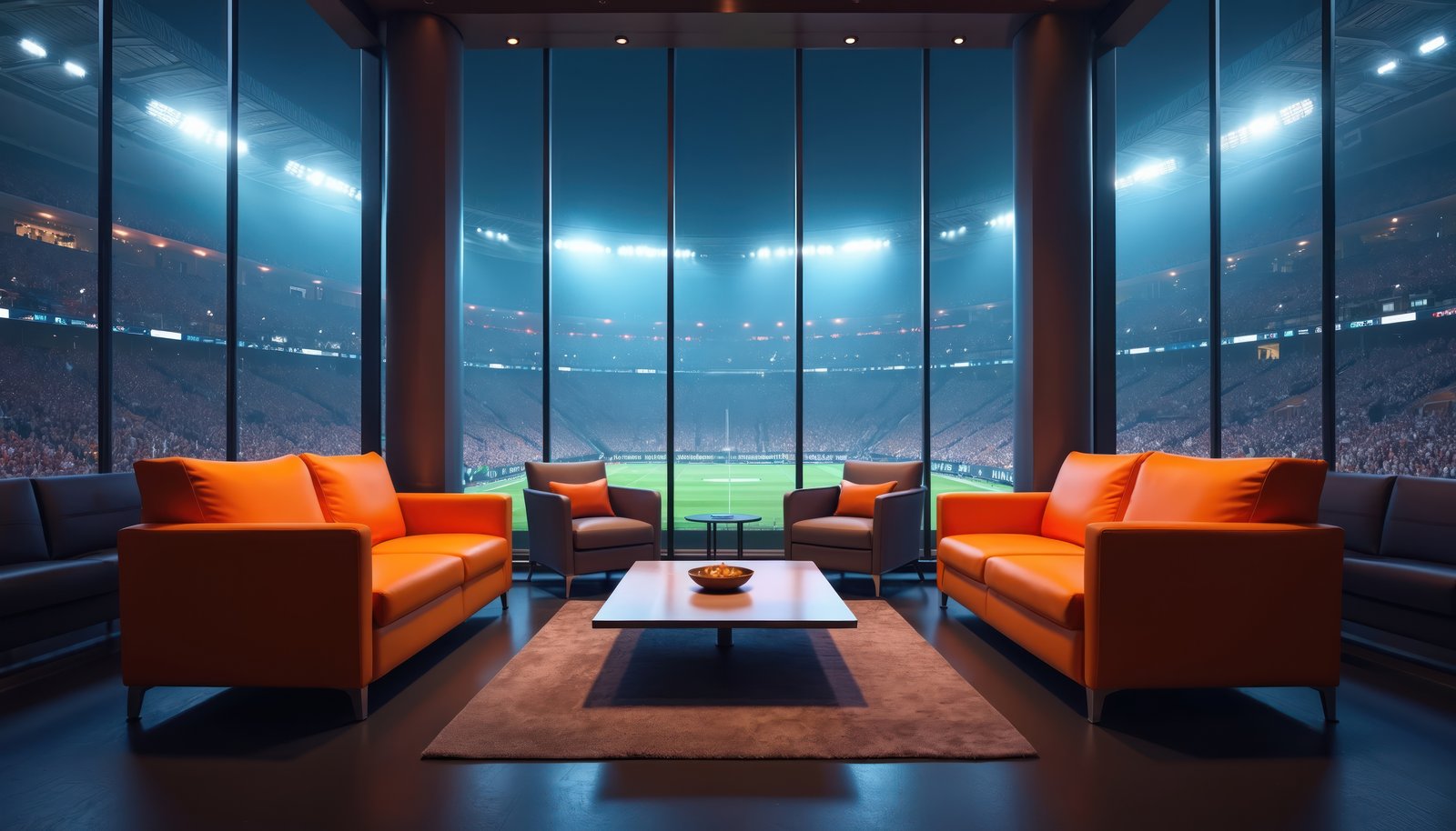 A private stadium suite with lounge seating overlooking the floodlit pitch